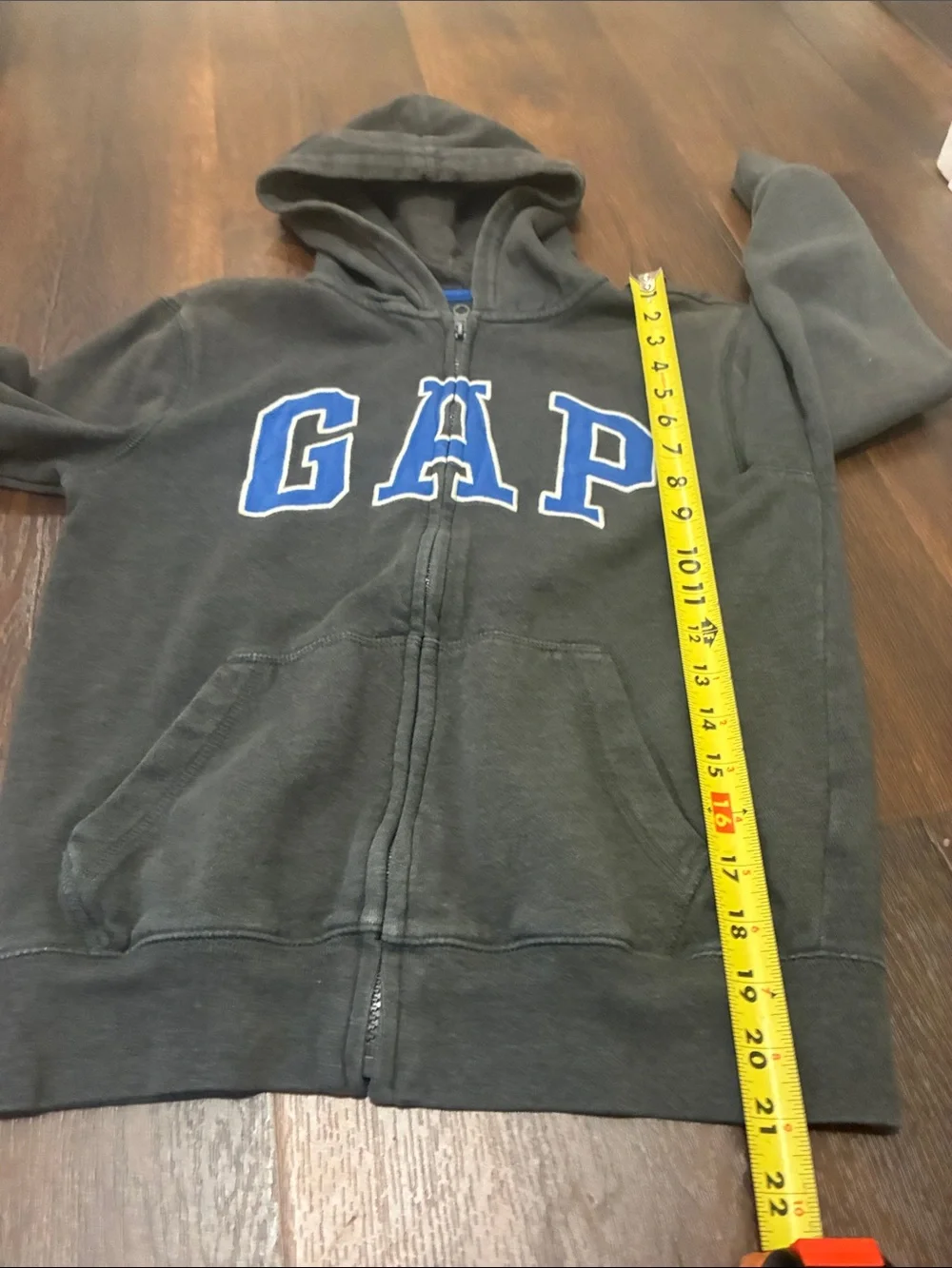 GAP Kids Gray Hoodie Sweater Blue Logo Zip Front Back to School Size L